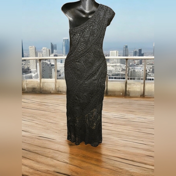 OPEN KNIT LAYERED ONE SHOULDER MIDI DRESS - Picture 2 of 5